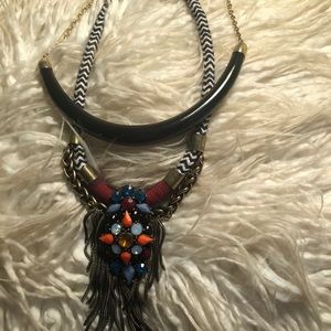 Two statement necklaces beaded jeweled horn black